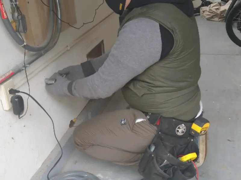 Electrician performing outlet wiring in a East Lake garage